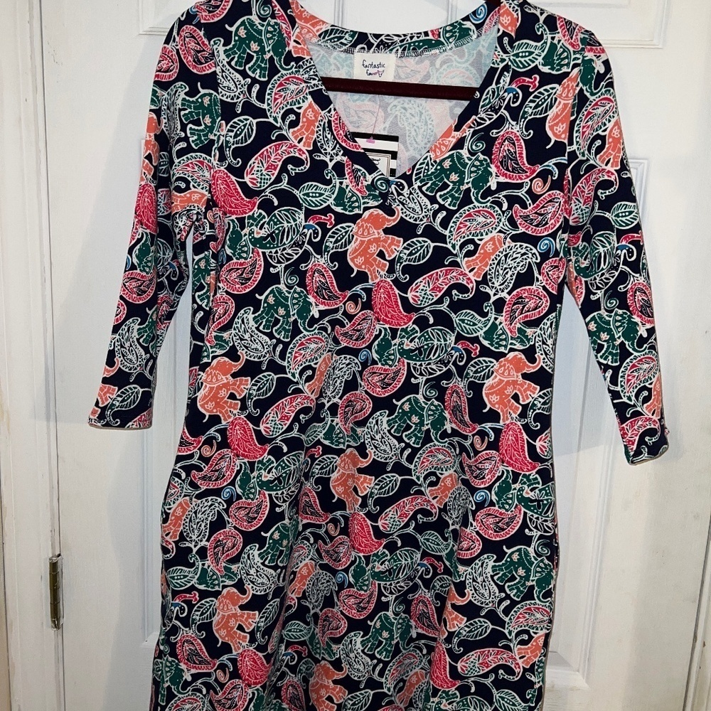 Fantastic Fawn Elephant Print V-Neck Dress S NWT